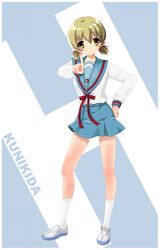  blue_sailor_collar blue_skirt brown_eyes brown_hair commentary_request female genderswap_(mtf) hand_on_own_hip hands highres kita_high_school_uniform kunikida_(female)_(suzumiya_haruhi) legs long_sleeves pointing rokujou_jun rule_63 sailor_collar school_uniform serafuku shoes short_hair skirt solo suzumiya_haruhi_no_yuuutsu twintails uwabaki winter_uniform 