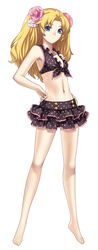  armpits atelier_(series) barefoot bikini bikini_skirt blonde_hair blue_eyes commentary cross_edge female flat_chest flower frilled_bikini frills front-tie_top full_body highres hirano_katsuyuki liliane_vehlendorf long_hair long_legs mana_khemia_(series) mana_khemia_2 photoshop_(medium) pink_flower pink_rose polka_dot polka_dot_bikini rose simple_background skirt solo standing swimsuit white_background white_flower white_rose 