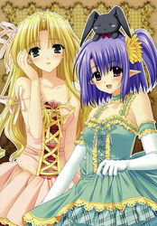  2girls :d :x absurdres bare_arms bare_shoulders blonde_hair blush breasts choker collarbone cross-laced_clothes daisy_(shuffle!) dress elbow_gloves flower frilled_choker frilled_dress frilled_gloves frilled_straps frills gloves green_choker green_dress green_eyes green_ribbons hair_flower hair_ornament highres kareha lace lace-trimmed_dress lace_trim light_purple_hair long_hair looking_at_viewer multiple_girls nishimata_aoi object_on_head oerba_yun_fang official_art open_mouth plaid plaid_dress pointy_ears ponytail purple_eyes rabbit ribbon scan short_hair shuffle! shuffle!_essence+ side_ponytail skirt_hold small_breasts smile spaghetti_strap stuffed_animal stuffed_rabbit stuffed_toy suzuhira_hiro very_long_hair white_gloves 