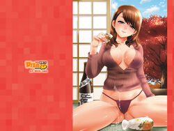  action_pizazz alcohol breasts brown_hair cleavage cup earrings female jewelry large_breasts no_bra no_pants official_art official_wallpaper panties pon_takahanada sake solo underwear 