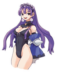  arms_behind_back breasts cleavage cross cross_necklace dark_eclair detached_sleeves earrings eclair_(la_pucelle) female headdress highleg highleg_leotard jewelry la_pucelle leotard long_hair looking_at_viewer lowres medium_breasts naughty_face necklace official_art purple_eyes purple_hair ryoji_(nomura_ryouji) simple_background solo white_background 