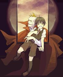  2boys black_hair bow brown_eyes cape cross darren_shan full_moon highres hug hug_from_behind hys122211 larten_crepsley moon multiple_boys necktie orange_eyes red_hair short_hair smile the_saga_of_darren_shan vampire window 