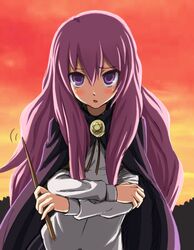  cape commentary_request crossed_arms female long_hair louise_francoise_le_blanc_de_la_valliere pentacle pink_hair purple_eyes ska solo wand zero_no_tsukaima 