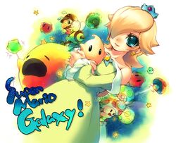  1boy aqua_eyes bare_shoulders bee bee_mario bee_suit blonde_hair bug captain_toad commentary_request crown dress earrings female green_toad_(mario) hair_over_one_eye hungry_luma_(super_mario_galaxy) jewelry long_hair luma_(mario) mario mario_(series) rosalina sagano_aoi spacecraft star_bit super_mario_galaxy toad_(mario) yellow_toad_(mario) 