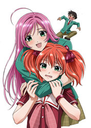  1boy 2girls ahoge akashiya_moka aono_tsukune artist_request blood green_eyes green_shirt highres long_hair multiple_girls nosebleed oerba_yun_fang open_mouth photoshop_(medium) pink_hair rosario+vampire shirt shuzen_kokoa twintails 