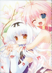  2girls absurdres animal_ears blue_eyes blush bow chikotam collar detached_sleeves dog_ears flower hair_ribbon hairband hairbow highres hug lily_(wanko) lolicon long_hair multiple_girls multiple_hair_bows oerba_yun_fang one_eye_closed petals pink_hair ribbon scan short_hair smile very_long_hair wanko wanko_to_lily white_hair yellow_eyes 