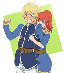  1boy blonde_hair blue_eyes blush chastel_aiheap commentary_request female flynn_scifo hanosuke ponytail red_hair role_reversal straight tales_of_(series) tales_of_vesperia uniform yellow_eyes 