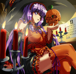  candle commentary_request detached_sleeves dream_c_club dream_c_club_(series) eyepatch female hat hiroaki_(hiropon_pj) long_hair mari_(dream_c_club) purple_eyes purple_hair skull solo thighhighs witch_hat 