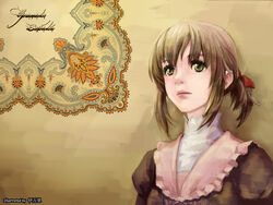  brown_hair catherine_(granado_espada) commentary female granado_espada green_eyes imari photoshop_(medium) ponytail ribbon solo upper_body 