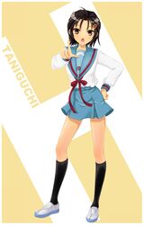  black_hair blue_sailor_collar blue_skirt brown_eyes commentary_request female genderswap_(mtf) hair_ornament hairclip hand_on_own_hip hands highres kita_high_school_uniform legs long_sleeves open_mouth pointing rokujou_jun rule_63 sailor_collar saliva school_uniform serafuku shoes short_hair skirt solo suzumiya_haruhi_no_yuuutsu taniguchi_(female)_(suzumiya_haruhi) uwabaki winter_uniform 