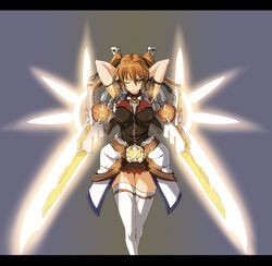  alternate_weapon arms_up brown_hair commentary_request cross_mirage female green_eyes impossible_clothes impossible_shirt letterboxed lyrical_nanoha mahou_shoujo_lyrical_nanoha_strikers nekomamire one_eye_closed photoshop_(medium) shirt solo teana_lanster thighhighs weapon 