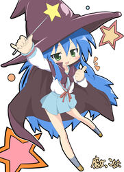  blue_hair blue_sailor_collar blue_skirt cape commentary_request cosplay female green_eyes hat izumi_konata kita_high_school_uniform long_hair lucky_star matsubara_ryuu mole mole_under_eye nagato_yuki nagato_yuki_(cosplay) photoshop_(medium) sailor_collar school_uniform serafuku skirt solo suzumiya_haruhi_no_yuuutsu wand winter_uniform witch_hat 