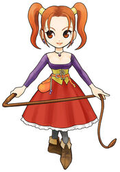  breasts brown_eyes cleavage corset dragon_quest dragon_quest_viii dress earrings female full_body holding holding_weapon itadaki_street jessica_albert jewelry long_sleeves medium_breasts necklace official_art photoshop_(medium) purple_shirt red_hair shirt short_twintails simple_background smile solo standing strapless strapless_dress twintails weapon whip white_background 