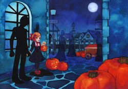  female full_moon ghost holding_hands jack-o&#039;-lantern moon original pumpkin silhouette town tozaki_makoto 