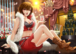  alcohol boots bottle bra breasts brown_eyes brown_hair cleavage commentary_request crop_top feather_boa female fringe_trim glass hamura_mayu lingerie medium_breasts meiko_(vocaloid) midriff photoshop_(medium) short_hair sitting solo underwear vocaloid wine 