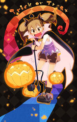  brown_eyes brown_hair commentary_request female halloween jack-o&#039;-lantern original photoshop_(medium) polearm pumpkin short_twintails shorts solo trick_or_treat trident twintails weapon yukihiroyuki 