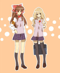  2girls alternate_costume arms_behind_back bad_id bad_pixiv_id blonde_hair bow braid brown_hair commentary_request contemporary hakurei_reimu kirisame_marisa long_hair makiko multiple_girls red_eyes school_uniform skirt thighhighs touhou yellow_eyes zettai_ryouiki 