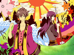  2boys bad_id bad_pixiv_id black_eyes black_hair cherry_blossoms flower green_eyes iris_(flower) long_hair male_focus multiple_boys photoshop_(medium) ponytail raven_(tales) rising_sun_flag sheath shivue smile sunburst sunburst_background sword tales_of_(series) tales_of_vesperia unsheathing weapon yuri_lowell 