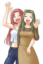  2girls air_(visual_novel) bad_id bad_pixiv_id blush camisole closed_eyes commentary_request crop_top denim dress eunos green_hair happy hug jeans kamio_haruko long_hair midriff multiple_girls navel oerba_yun_fang pants photoshop_(medium) red_hair uraha_(air) waving 