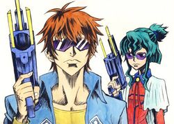  1boy arnold_schwarzenegger code_geass female fingernails green_hair gun handgun ishioto kururugi_suzaku nina_einstein parody simple_background sunglasses terminator_(series) the_terminator traditional_media weapon white_background 