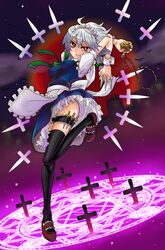  bad_id bad_pixiv_id braid chonnbo female grey_hair highres holster izayoi_sakuya knife maid red_eyes short_hair solo thigh_holster thighhighs touhou twin_braids 