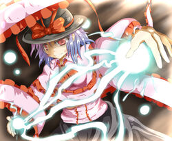  bahamun blue_hair blush commentary_request electricity female frills hat hat_ribbon nagae_iku red_eyes ribbon shawl short_hair solo touhou 