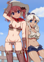  2girls armpits blue_eyes breasts cleavage commentary_request cowboy_hat cowboy_shot cowboy_western crop_top denim denim_shorts drill_hair fringe_trim gloves groin hair_ribbon hat hirose_(mokiki) long_hair lowleg lowleg_panties medium_breasts multiple_girls original outdoors panties pink_hair ponytail purple_eyes ribbon short_hair shorts thighhighs unbuttoned underwear unzipped whip white_hair white_panties 