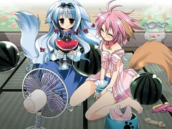  2girls animal_ears araki_kanao barefoot blush bow closed_eyes collar denim denim_shorts dog_ears dog_tail dress eating electric_fan feet fish food food_on_face fruit hair_ribbon hairband hairbow highres lily_(wanko) lolicon long_hair multiple_girls multiple_hair_bows navel ribbon short_hair shorts sitting smile strap_slip tail tatami very_long_hair wanko wanko_to_lily wariza water_gun watermelon white_hair wrist_cuffs yellow_eyes 