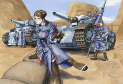  3boys 3girls alicia_melchiott binoculars boots caterpillar_tracks crossed_legs edelweiss_(senjou_no_valkyria) eleanor_varrot glasses isara_gunther lance largo_potter military military_uniform military_vehicle morisu motor_vehicle multiple_boys multiple_girls polearm sandbag senjou_no_valkyria_(series) senjou_no_valkyria_1 shamrock_(senjou_no_valkyria) sitting tank uniform weapon welkin_gunther zaka 