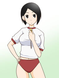  arai_chie black_hair breasts brown_eyes buruma commentary_request female goriate hand_on_own_hip large_breasts red_buruma sayonara_zetsubou_sensei short_hair solo whistle 