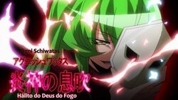  anime_screenshot aruka_schild corrupted_metadata female green_hair mask needless solo subtitled yellow_eyes 