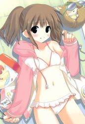  absurdres bikini blush brown_hair cameltoe female highres hiide hood hoodie jacket looking_at_viewer navel open_clothes open_hoodie ponytail sakura_sakura solo swimsuit tachibana_kurumi white_bikini 