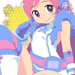  +_+ :&gt; belt boots commentary_request dress female gloves hands headphones joints kneehighs long_hair multicolored_clothes multicolored_legwear oto pink_eyes pink_hair robot_joints sf-a2_miki socks solo star_(symbol) striped_clothes striped_gloves striped_socks vocaloid wrist_cuffs 