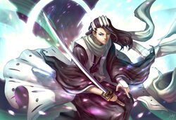  1boy bankai black_hair bleach blue_eyes commentary haori japanese_clothes kuchiki_byakuya male_focus nayuki senbonzakura_kageyoshi_(bankai) solo sword taichou_haori weapon 