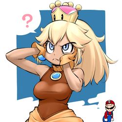  1boy ? bare_shoulders blonde_hair blue_eyes blue_overalls breasts brooch closed_mouth commentary_request crown dress earrings fangs fangs_out female frown gloves hands_on_own_face hat jewelry long_hair looking_up mario mario_(series) medium_breasts new_super_mario_bros._u_deluxe orange_gloves overalls personification ponytail princess_goomba red_hat sleeveless sleeveless_dress spoken_question_mark super_crown wang-pac 