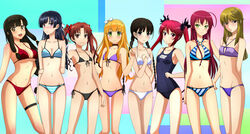  6+girls :d ahoge arm_behind_back arms_behind_back azuki_azusa bare_shoulders bikini black_hair blonde_hair blush bow braid breasts brown_hair cleavage cleavage_cutout clothing_cutout collar commentary_request crossover cthugha_(nyaruko-san) flat_chest flower front-tie_top green_eyes hair_tubes hairbow haiyore!_nyaruko-san hand_on_own_hip hataraku_maou-sama! hentai_ouji_to_warawanai_neko. highres kakumeiki_valvrave kenken kugimiya_kei large_breasts legs long_hair lowleg lowleg_bikini majestic_prince micro_bikini multiple_girls navel one-piece_swimsuit open_mouth purple_eyes rdg_red_data_girl red_hair rukino_saki saaya_(suisei_no_gargantia) school_swimsuit season_connection shirai_kuroko side-tie_bikini_bottom side_braid small_breasts smile striped_bikini striped_clothes suisei_no_gargantia suzuhara_izumiko swimsuit thighs toaru_kagaku_no_railgun toaru_majutsu_no_index twin_braids twintails yusa_emi 