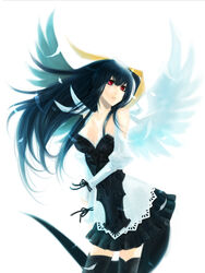  alternate_costume alternate_hairstyle asymmetrical_wings bare_shoulders black_dress black_hair black_thighhighs breasts collair_(cono) detached_sleeves dizzy_(guilty_gear) dress feathered_wings feathers female guilty_gear guilty_gear_2 hair_down hair_ribbon highres large_breasts long_hair red_eyes ribbon solo strapless strapless_dress tail thighhighs wings zettai_ryouiki 