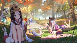  3boys 4girls androgynous animal animal_ears annotated antlers autumn autumn_leaves barefoot black_hair blanket blunt_bangs bracelet brown_eyes cat_ears centauroid commentary_request day detached_sleeves dragon dragon_horns facial_mark feline forehead_mark forest hair_bobbles hair_ornament headdress highres himitsu_(hi_mi_tsu_2) horns ichimoku_ren_(onmyoji) japanese_clothes jewelry kaguya_hime_(onmyoji) leaf long_hair looking_at_viewer lying multiple_boys multiple_girls mushishi_(onmyoji) nature nekookami on_ground on_stomach onmyoji outdoors panties pantyshot picnic rabbit rabbit_ears red_eyes road scenery shishio_(onmyoji) short_hair silver_hair sitting smile squatting standing taur underwear white_hair wide_sleeves yama_usagi_(onmyoji) yellow_eyes yuki_douji_(onmyoji) 