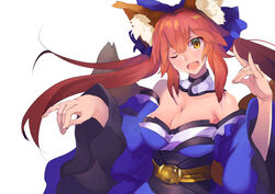  animal_ears bare_shoulders blue_ribbon bow breasts cleavage collarbone commentary_request detached_sleeves fate/extra fate/grand_order fate_(series) female fingernails fox_ears fox_shadow_puppet fox_tail hair_ribbon hairbow highres japanese_clothes kamakura_(clupeoidei) large_breasts long_hair multiple_tails oerba_yun_fang one_eye_closed open_mouth photoshop_(medium) pink_hair ribbon simple_background solo tail tamamo_(fate) tamamo_no_mae_(fate/extra) white_background yellow_eyes 