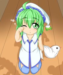  :&lt; aged_down bad_id bad_pixiv_id commentary_request female frog green_eyes green_hair hat kochiya_sanae kokujuuji moriya_suwako nightcap nightgown one_eye_closed rope rubbing_eyes shadow shimenawa slippers solo stuffed_animal stuffed_snake stuffed_toy touhou yasaka_kanako 