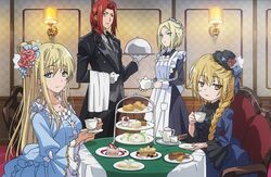  1boy 3girls alternate_hairstyle angelene blonde_hair blue_eyes braid brown_eyes hat laura_stuart lucia_(index) multiple_girls red_hair stiyl_magnus suit teacup teapot to_aru_majutsu_no_index 