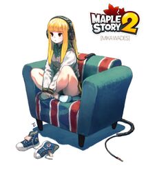  :&lt; absurdres bare_legs blonde_hair blunt_bangs blush breasts buttons cable chair commentary_request converse copyright_name cross-laced_footwear dicorndl female full_body headphones high_collar highres indian_style jacket knee_up leaf leaf_print letterman_jacket logo long_hair long_sleeves looking_to_the_side maplestory maplestory_2 miniskirt no_shoes parted_lips raglan_sleeves red_eyes shadow shoes sidelocks simple_background sitting skirt sleeves_past_wrists small_breasts sneakers socks solo striped unplugged unworn_shoes vertical_stripes white_background 