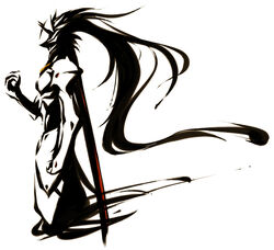  1boy armor blazblue collair_(cono) hakumen huge_weapon inkblot male_focus solo sword weapon 