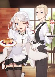  2boys alternate_costume apron asymmetrical_hair black_legwear black_skirt blue_eyes blueberry commentary_request crossdressing dio_eraclea enmaided food frills fruit garter_straps highres last_exile last_exile:_gin&#039;yoku_no_fam looking_at_viewer lucciola maid maid_apron maid_headdress male_focus meimone multiple_boys one_eye_closed otoko_no_ko pancake pancake_stack pointy_ears puffy_sleeves raspberry skirt smile strawberry thighhighs tray waist_apron white_hair 