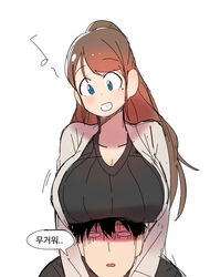  1boy blue_eyes blush breast_rest breasts breasts_on_head brown_hair bural_chingu cleavage commentary_request female grin huge_breasts kang_min-cheol korean_commentary korean_text long_hair luke_(dydansgur) mature_female mole mole_under_eye mother_and_son mrs._yun_mi-jeong musical_note one_side_up original ribbed_sweater shaded_face simple_background smile straight sweater translated white_background 