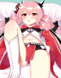  ass azur_lane bed_sheet commentary_request detached_sleeves female flat_chest hamakaze_(azur_lane) kneehighs kokone_(coconeeeco) long_hair looking_at_viewer lying navel panties pantyshot parted_lips pink_hair red_eyes red_panties socks solo twintails underwear 