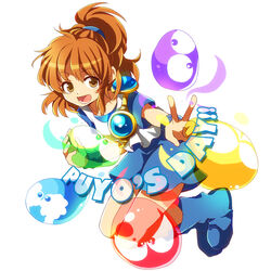  arle_nadja blob blue_footwear blue_skirt boots brown_eyes brown_hair commentary_request female full_body half_updo hitopm madou_monogatari puyo_(puyopuyo) puyopuyo shirt short_hair skirt smile v white_background 