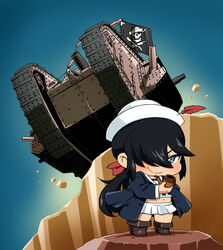  black_eyes black_hair caterpillar_tracks chibi commentary_request dixie_cup_hat female flag girls_und_panzer hat highres holding holding_smoking_pipe jolly_roger mark_iv_tank military military_hat military_vehicle motor_vehicle ogin_(girls_und_panzer) ooarai_naval_school_uniform sailor_collar school_uniform skirt skull_and_crossbones smoking_pipe smug tank yunaka_(259808) 