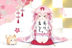  &gt;_&lt; animal_ears azur_lane cat_ears cherry_blossoms chinese_zodiac commentary female flower hair_flower hair_ornament happy_new_year holding japanese_clothes kimono kisaragi_(azur_lane) kisaragi_(new_year&#039;s_wish)_(azur_lane) kokone_(coconeeeco) long_hair looking_at_viewer new_year official_alternate_costume pantyhose paper pink_hair seiza sitting solo stuffed_animal stuffed_dog stuffed_toy translated white_pantyhose year_of_the_dog 