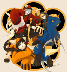  2boys baozi blazblue blonde_hair cat_tail claws collair_(cono) cosplay eyepatch feline food food_in_mouth green_eyes grey_hair heterochromia highres jin_kisaragi jubei_(blazblue) long_hair multiple_boys multiple_tails over_shoulder ragna_the_bloodedge red_eyes sharp_teeth sheath sheathed sword sword_over_shoulder tail taokaka taokaka_(cosplay) teeth very_long_hair weapon weapon_over_shoulder 